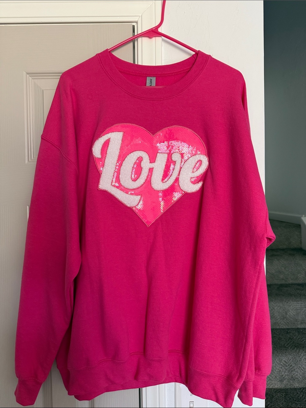 Gildan Hot Pink Sequin Heart "Love" Crewneck Sweatshirt
